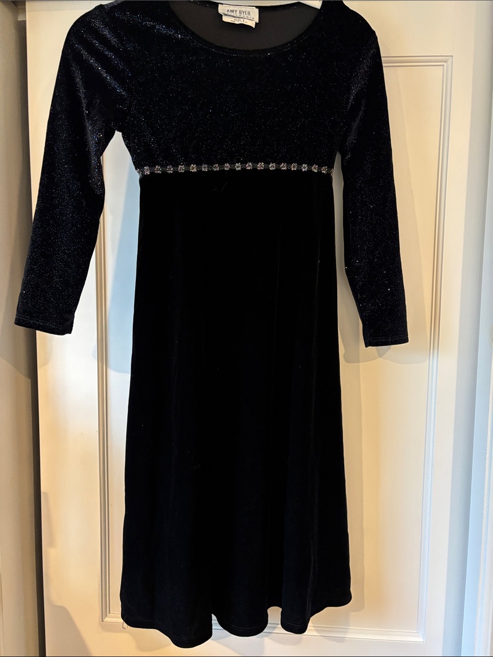 Amy Byer Black Velvet Long Sleeve Dress with Rhinestone Trim